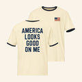 Fox News Merch 2026 America Looks Good On Me Ringer T-Shirt USA Flag Shirt Patriotic Gifts