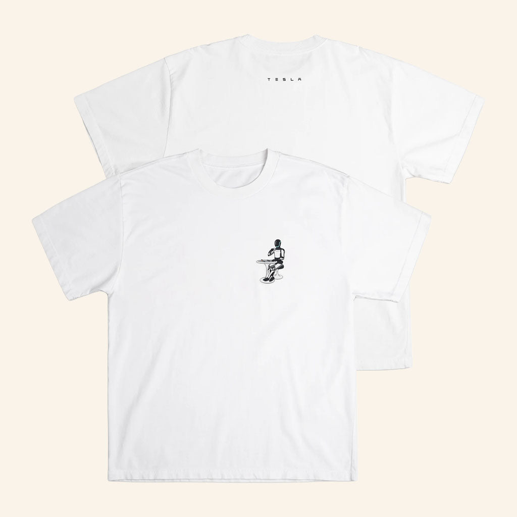 Tesla Merch 2026 Tesla Optimus Coffee Break T-Shirt White Elon Musk Merch Gift For Friends