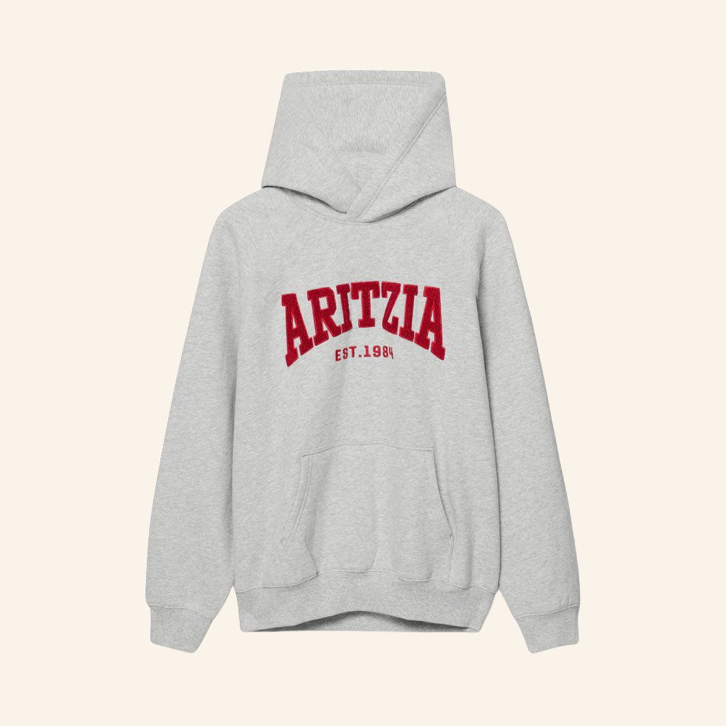 Aritzia EST 1984 Logo Hoodie Grey Red Collegiate Graphic Apparek Gifts For Friends