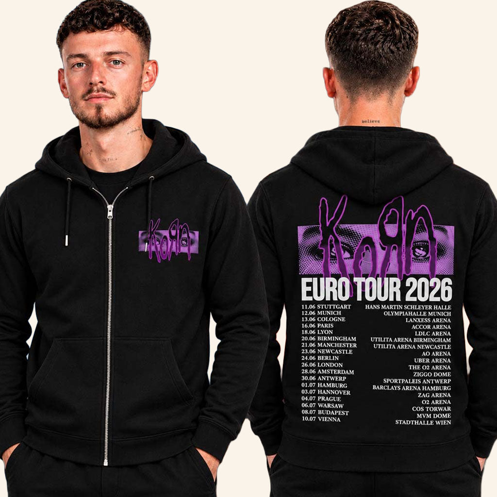 Korn Merch Europe Tour 2026 Purple Eyes Tour Dates Zip Up Hoodie Gifts For Concert Lovers