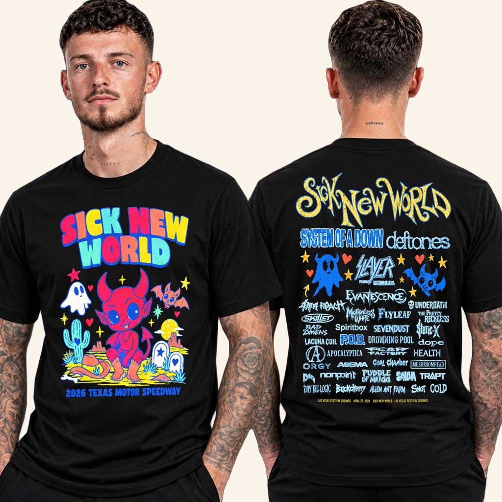 Sick New World Texas 2026 Merch Cartoon Logo Lineup T-Shirt Gifts For Music Festival Lovers