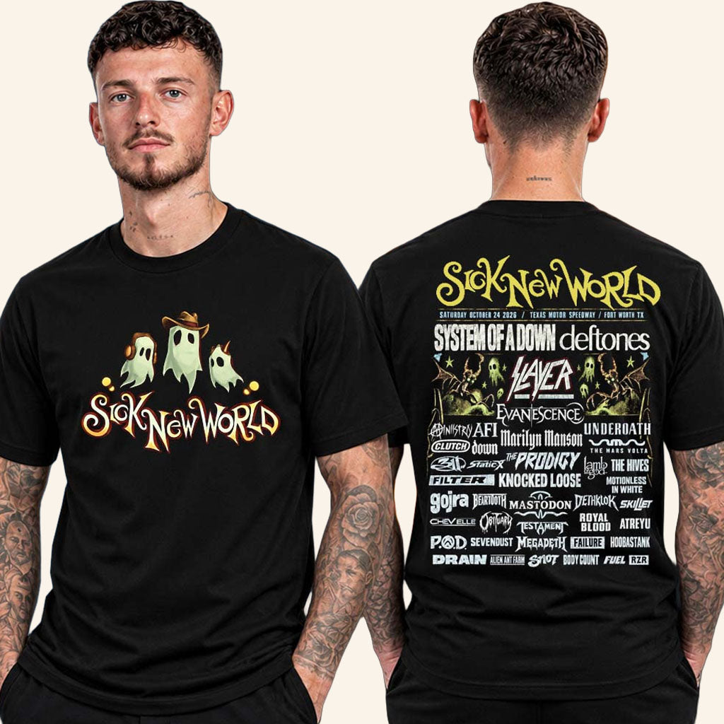 Sick New World Texas 2026 Merch Ghostly Trio Lineup T-Shirt Best Gift For Festival Goers