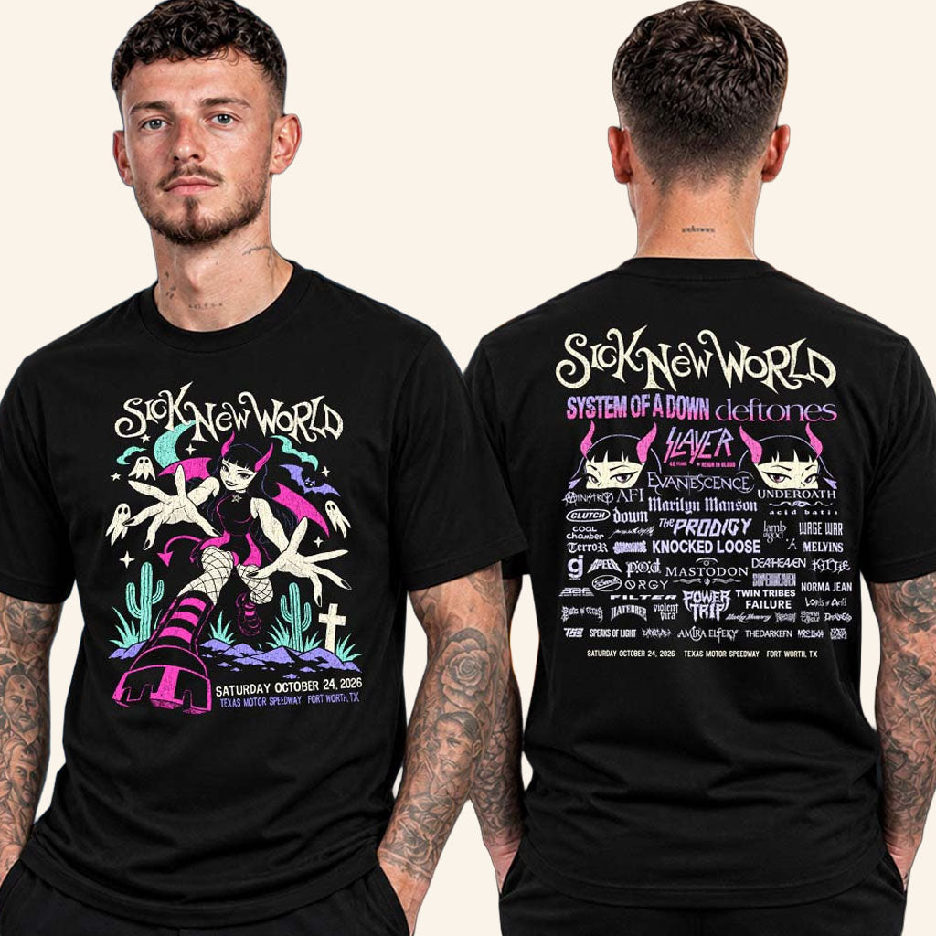 Sick New World Texas 2026 Merch Purple Devil Girl Lineup T-Shirt Gifts For Concert Goers