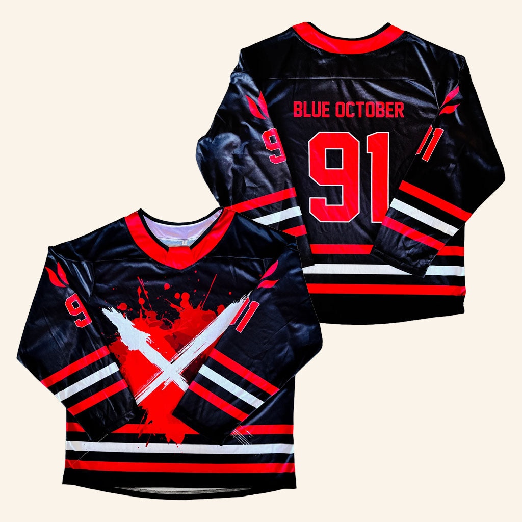 Blue October Merch 2026 Foiled 20th Anniversary HeartX Hockey Jersey Red #91 Jersey Fan Gifts