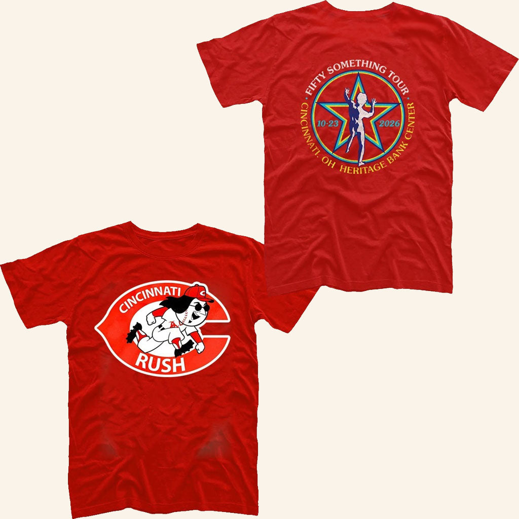 RUSH X Cincinnati Reds Merch 2026 Fifty Something Tour Shirt Heritage Bank Center Crossover Tee