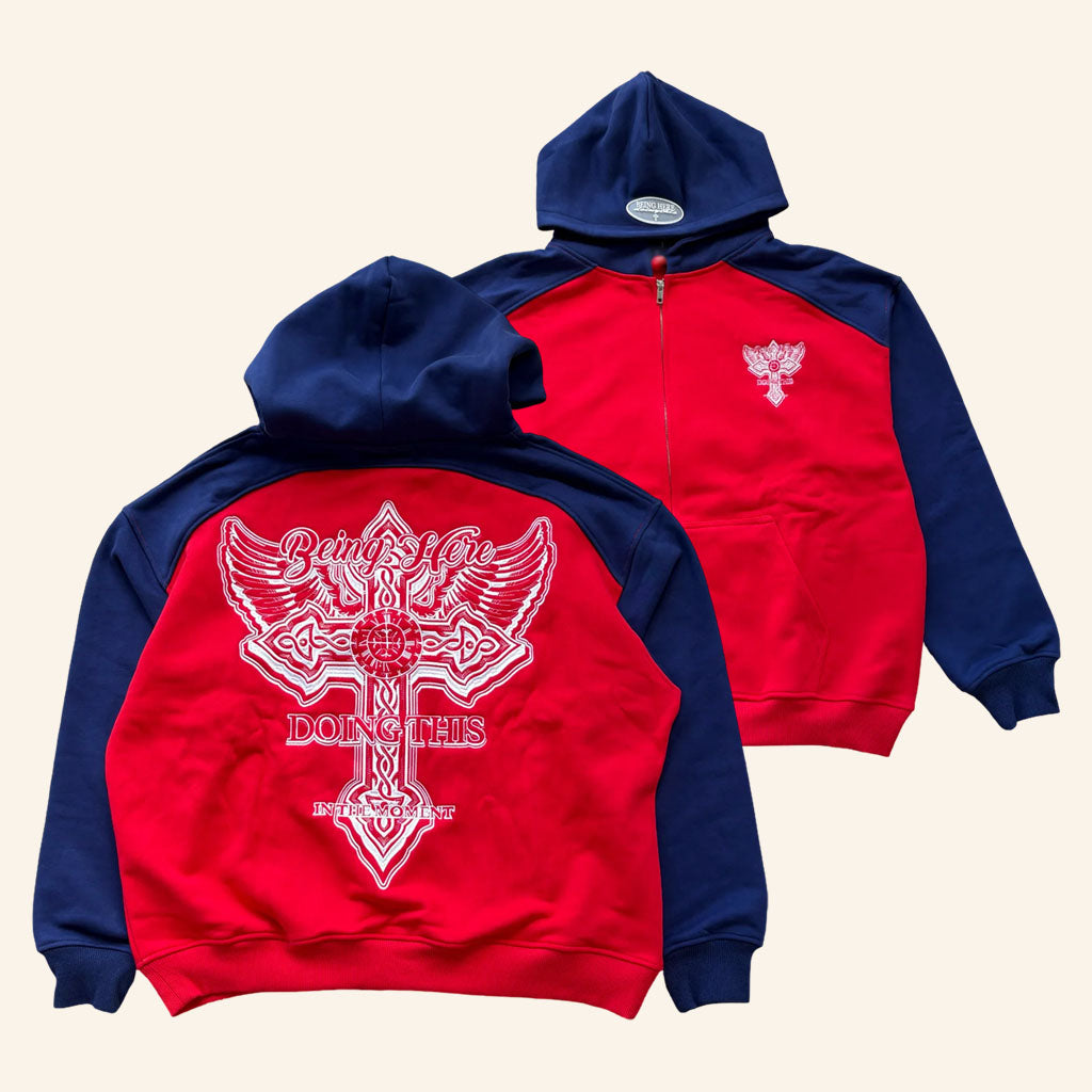 BHDT Merch 2026 ITM Blue And Red Zip Hoodie Being Here Jacket Gift For Dudes