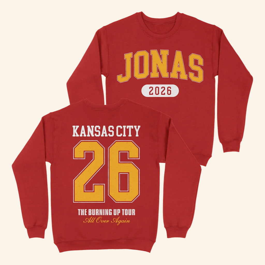 Jonas Brothers Merch 2026 Burning Up All Over Again Kansas City MO City Crewneck Sweatshirt