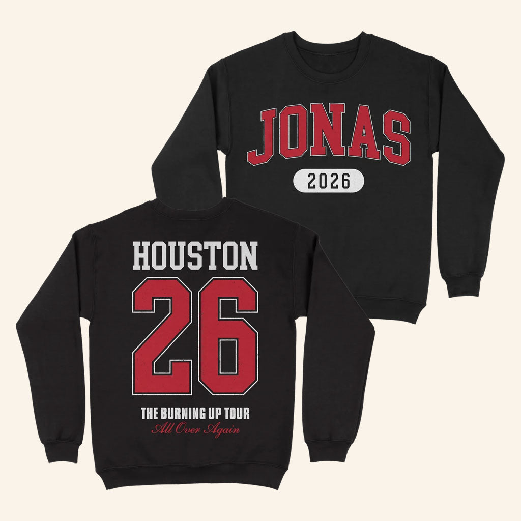 Jonas Brothers Merch 2026 Burning Up All Over Again Houston TX City Crewneck Sweatshirt Black