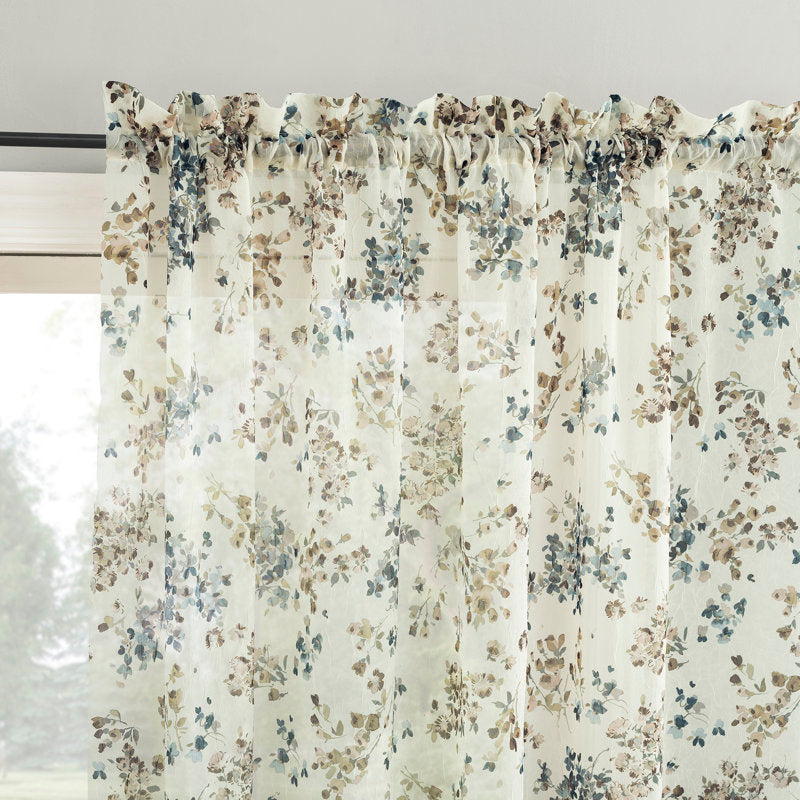 Floral Crushed Voile Sheer Curtain Panel - Rod Pocket Window Decor