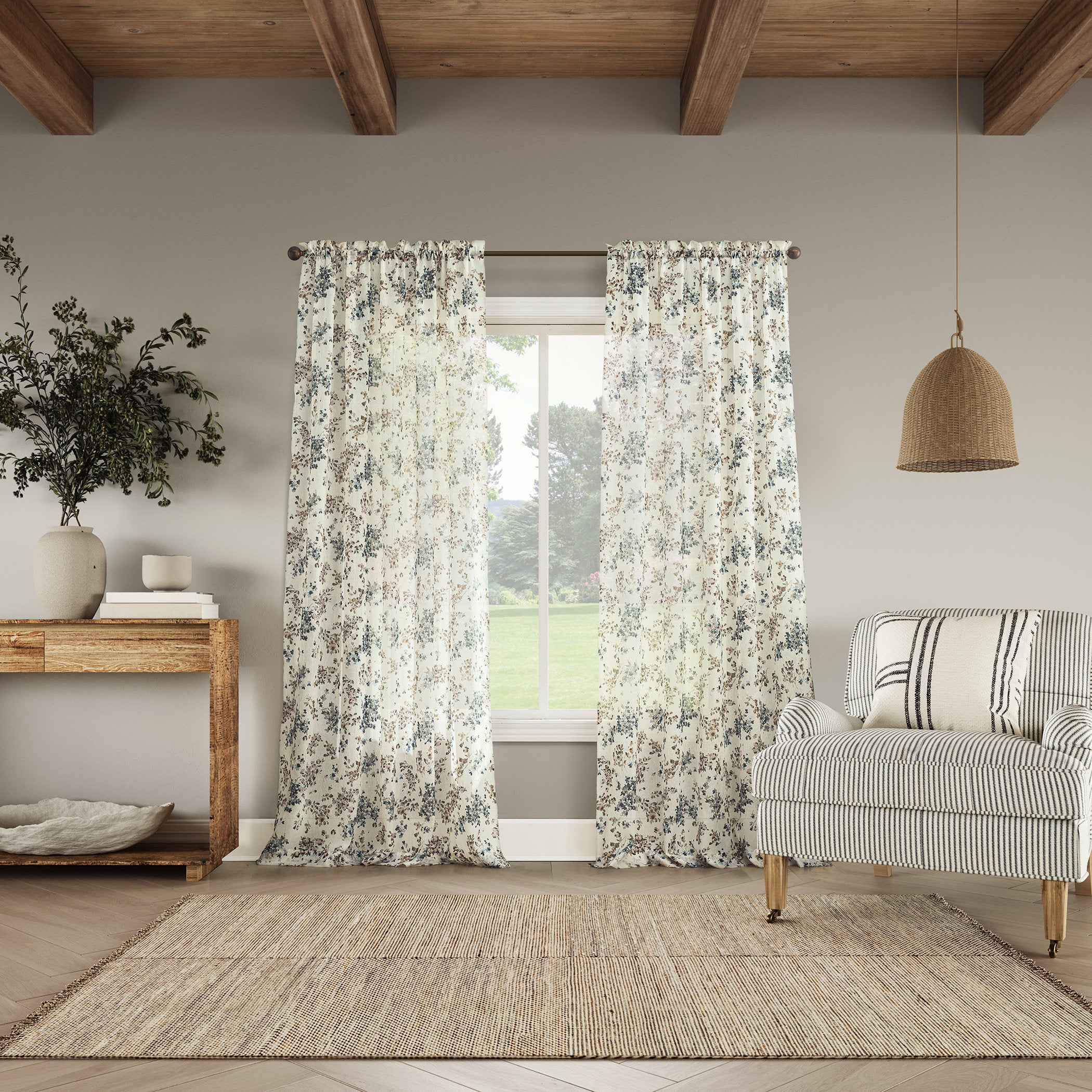 Floral Crushed Voile Sheer Curtain Panel - Rod Pocket Window Decor