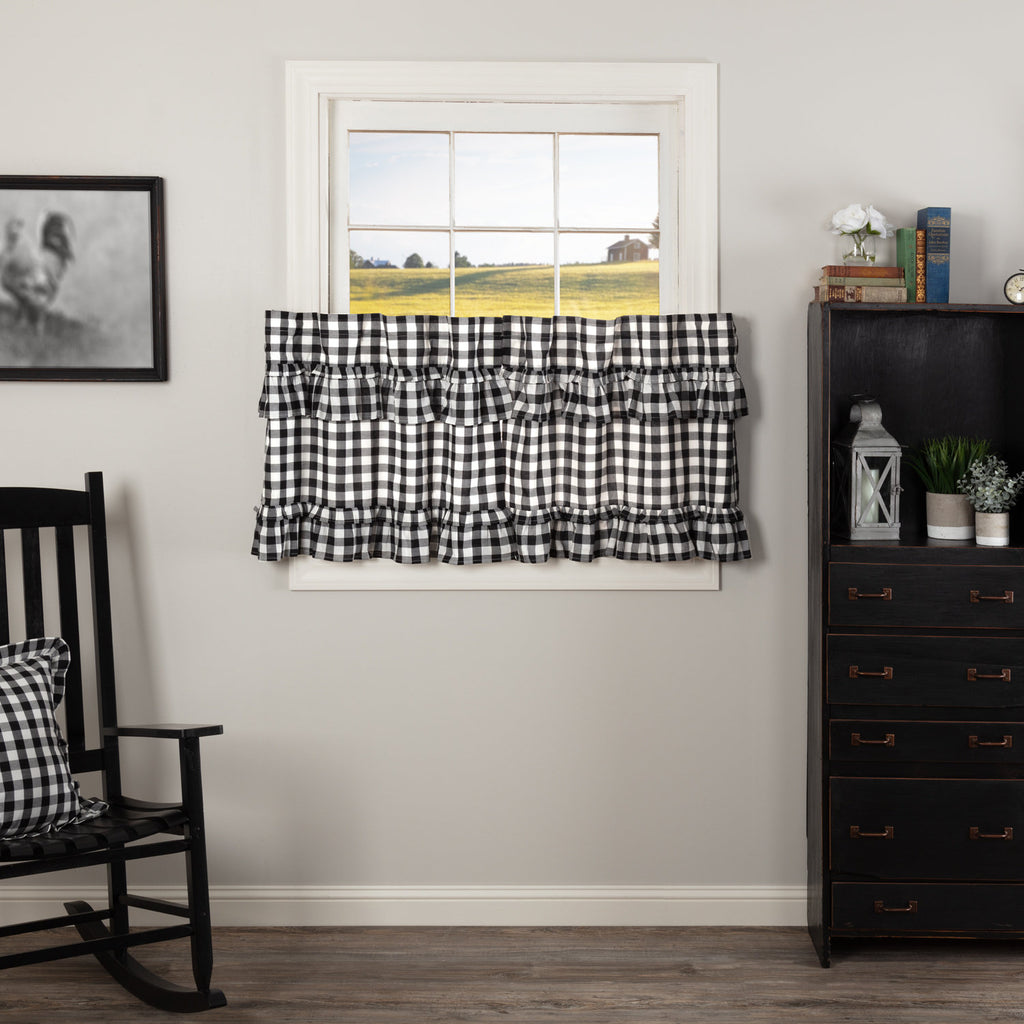 Buffalo Check Cotton Ruffled Cafe Curtain Set for Farmhouse Kitchen