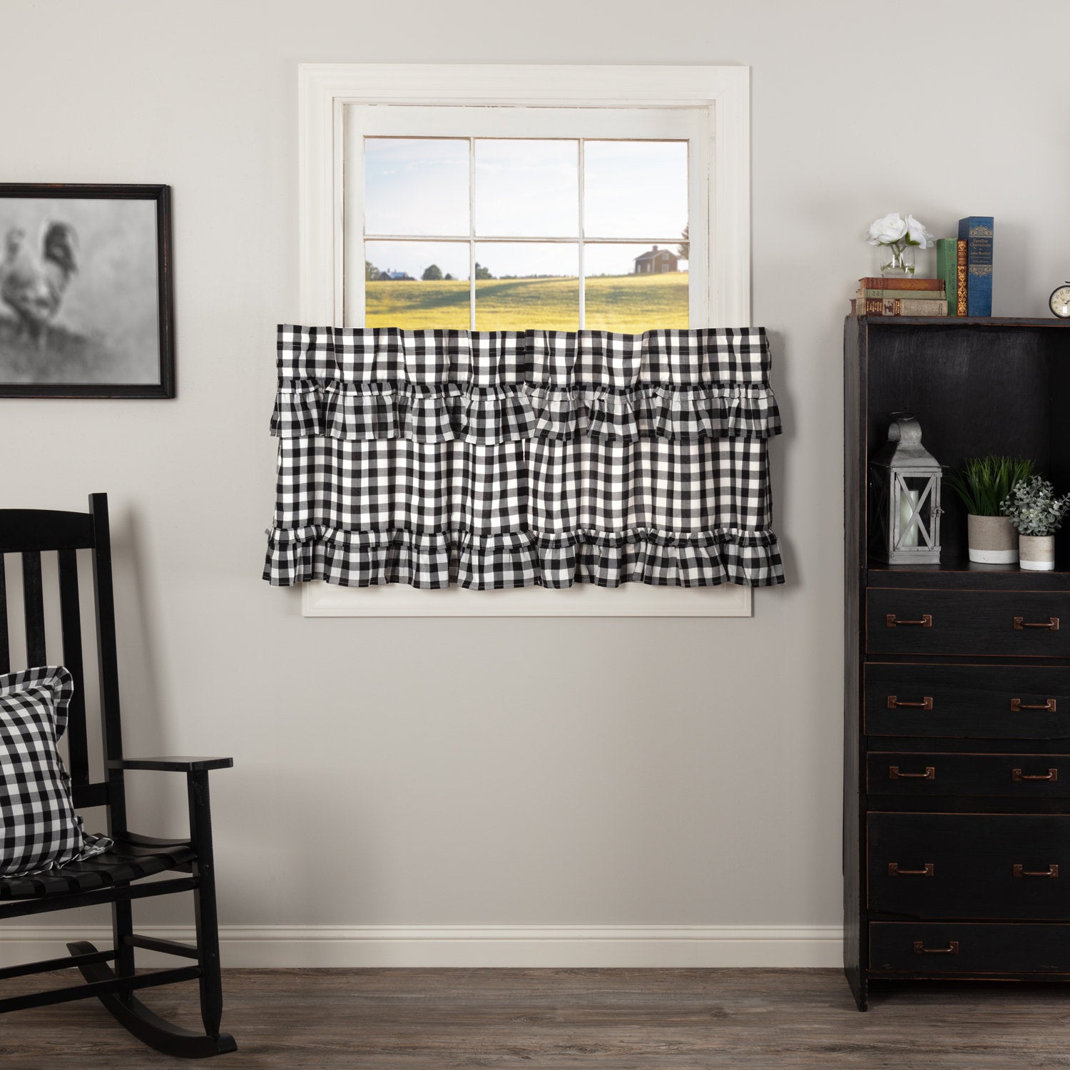 Buffalo Check Cotton Ruffled Cafe Curtain Set for Farmhouse Kitchen