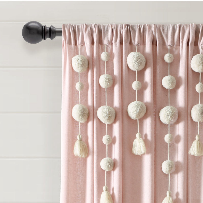 Boho Pom Pom Tassel Semi Sheer Cotton Blend Curtain Panel