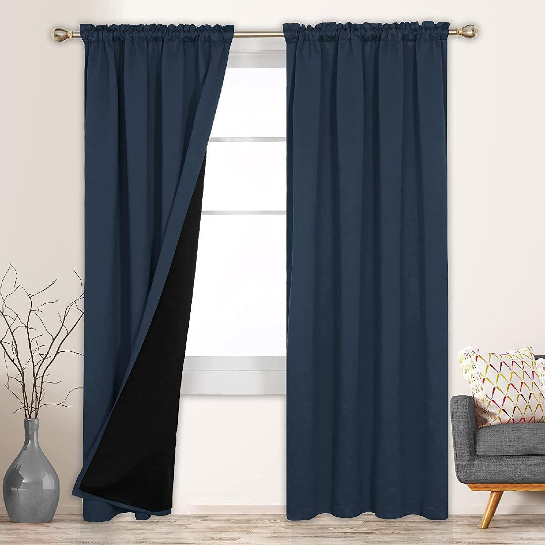 100% Blackout Curtains with Liner Rod Pocket Navy Blue Pair