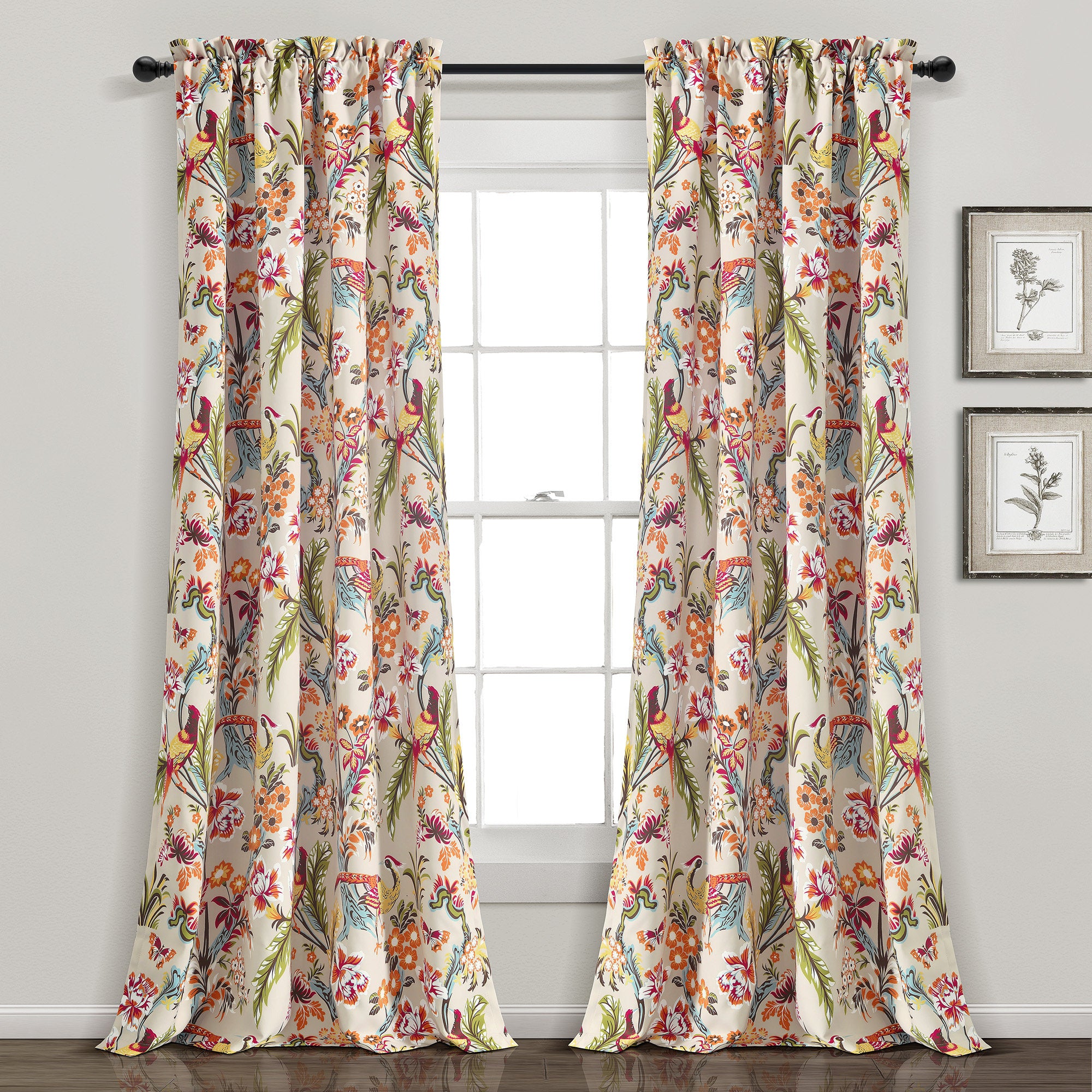 Dolores Botanical Semi-Sheer Curtain Set - Peacock Print Microfiber