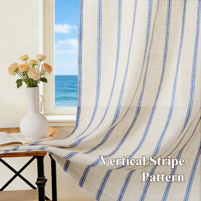 Farmhouse Striped Linen Semi Sheer Curtains - Set of 2