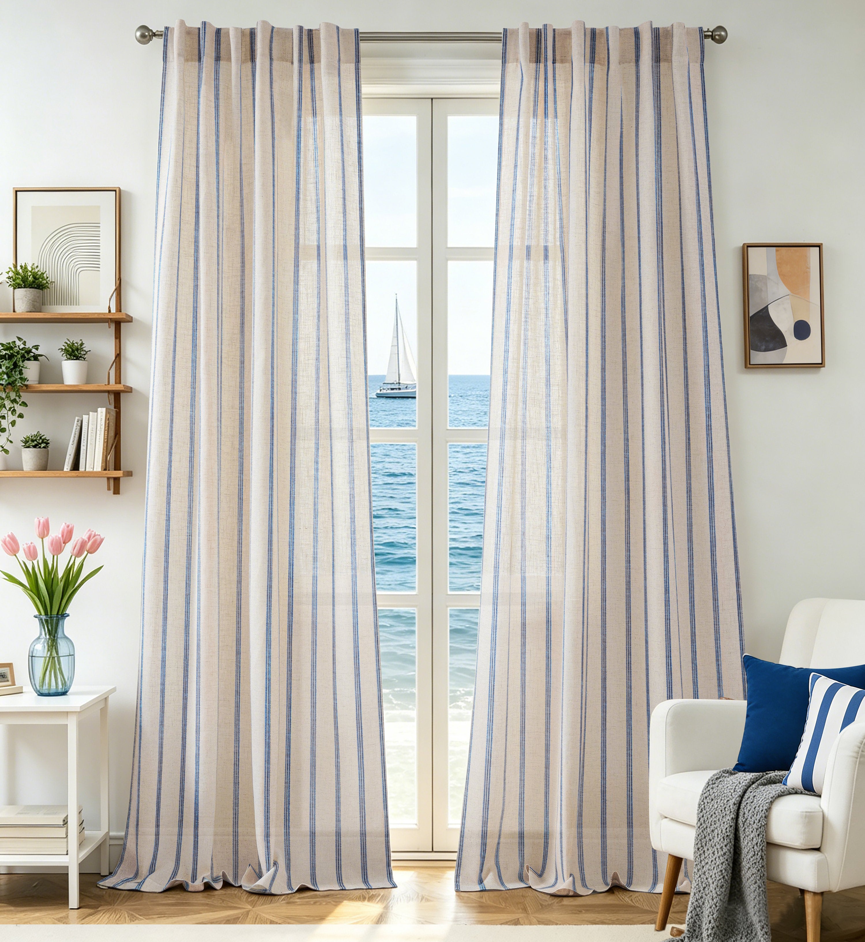 Farmhouse Striped Linen Semi Sheer Curtains - Set of 2