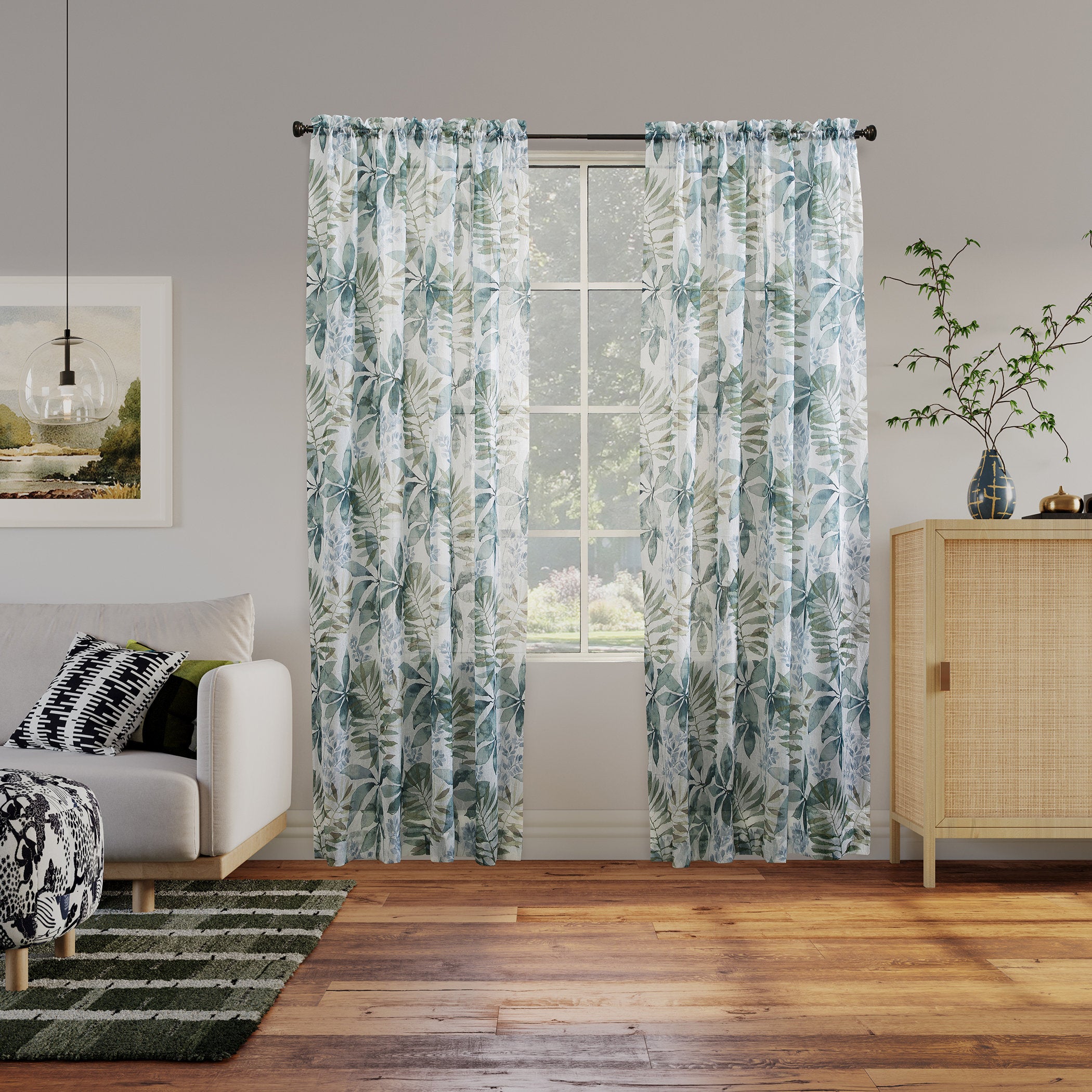 Fiona Foliage Print Sheer Crushed Voile Rod Pocket Curtain Panel