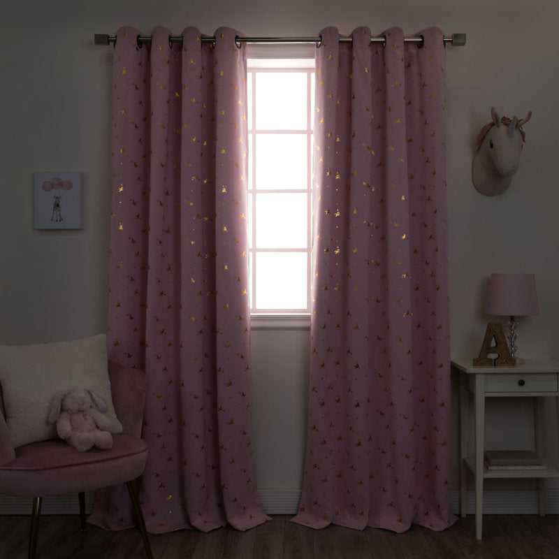 Unicorn Blackout Curtains - Golden Foil Print Kids Bedroom Set