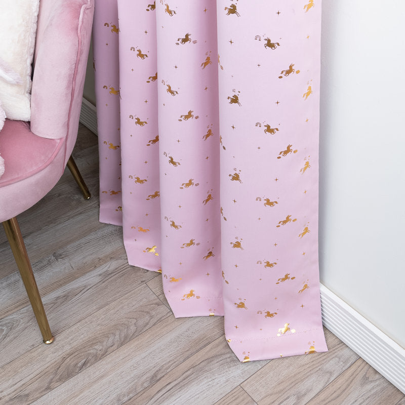 Unicorn Blackout Curtains - Golden Foil Print Kids Bedroom Set