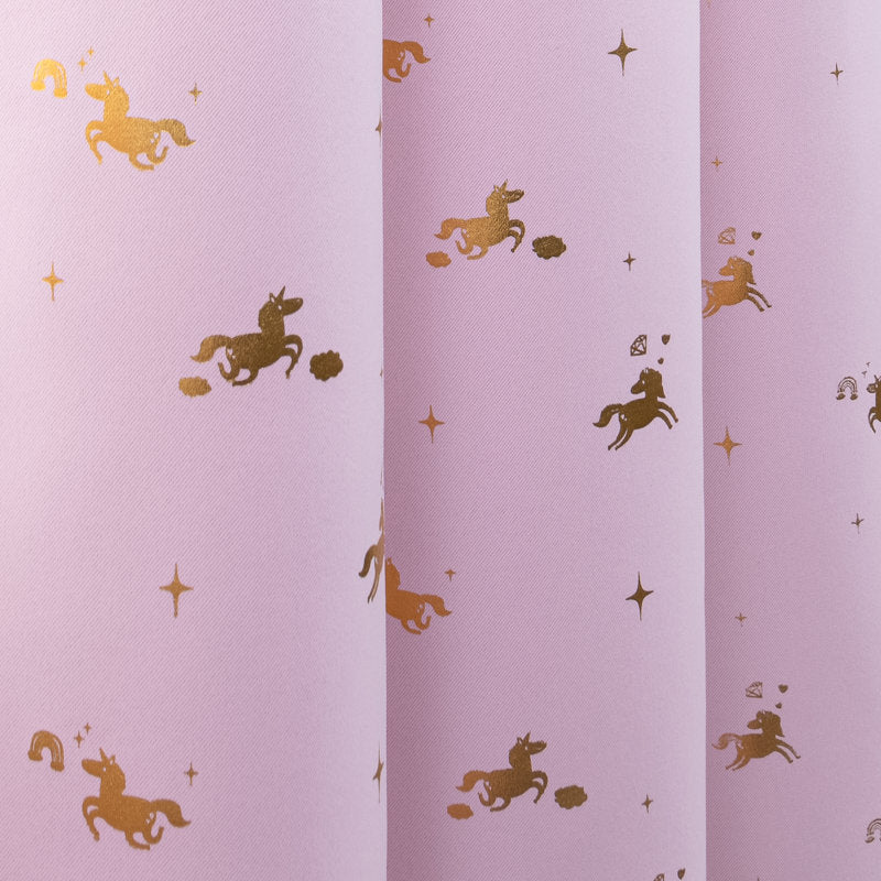 Unicorn Blackout Curtains - Golden Foil Print Kids Bedroom Set