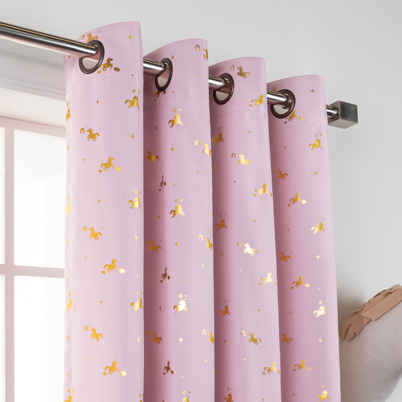 Unicorn Blackout Curtains - Golden Foil Print Kids Bedroom Set