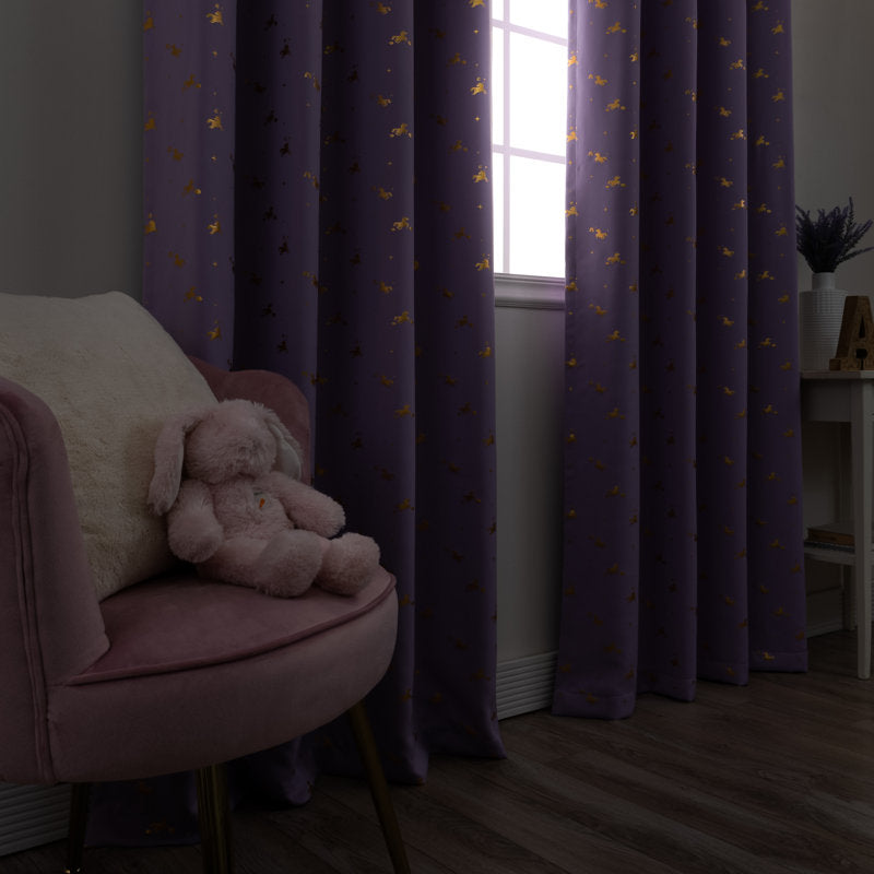 Unicorn Blackout Curtains - Golden Foil Print Kids Bedroom Set