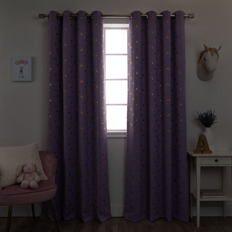 Unicorn Blackout Curtains - Golden Foil Print Kids Bedroom Set