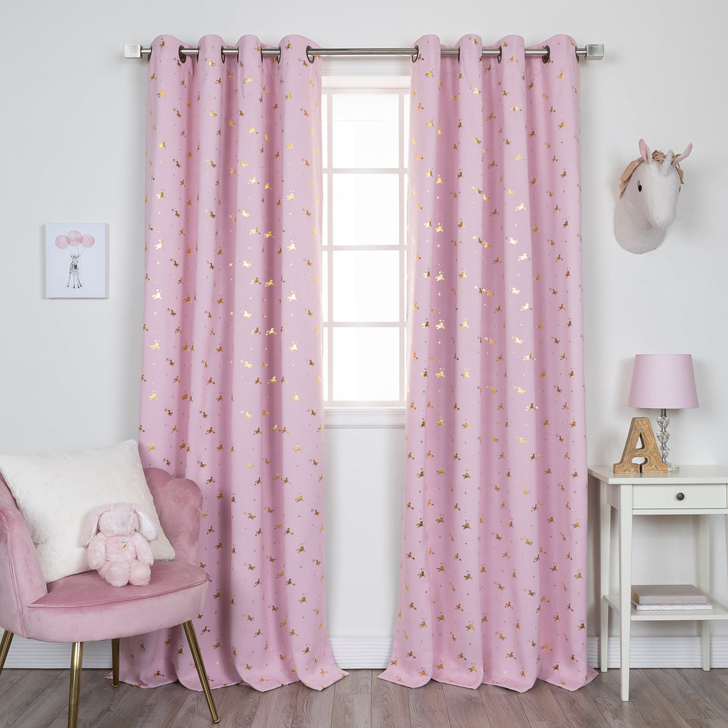 Unicorn Blackout Curtains - Golden Foil Print Kids Bedroom Set