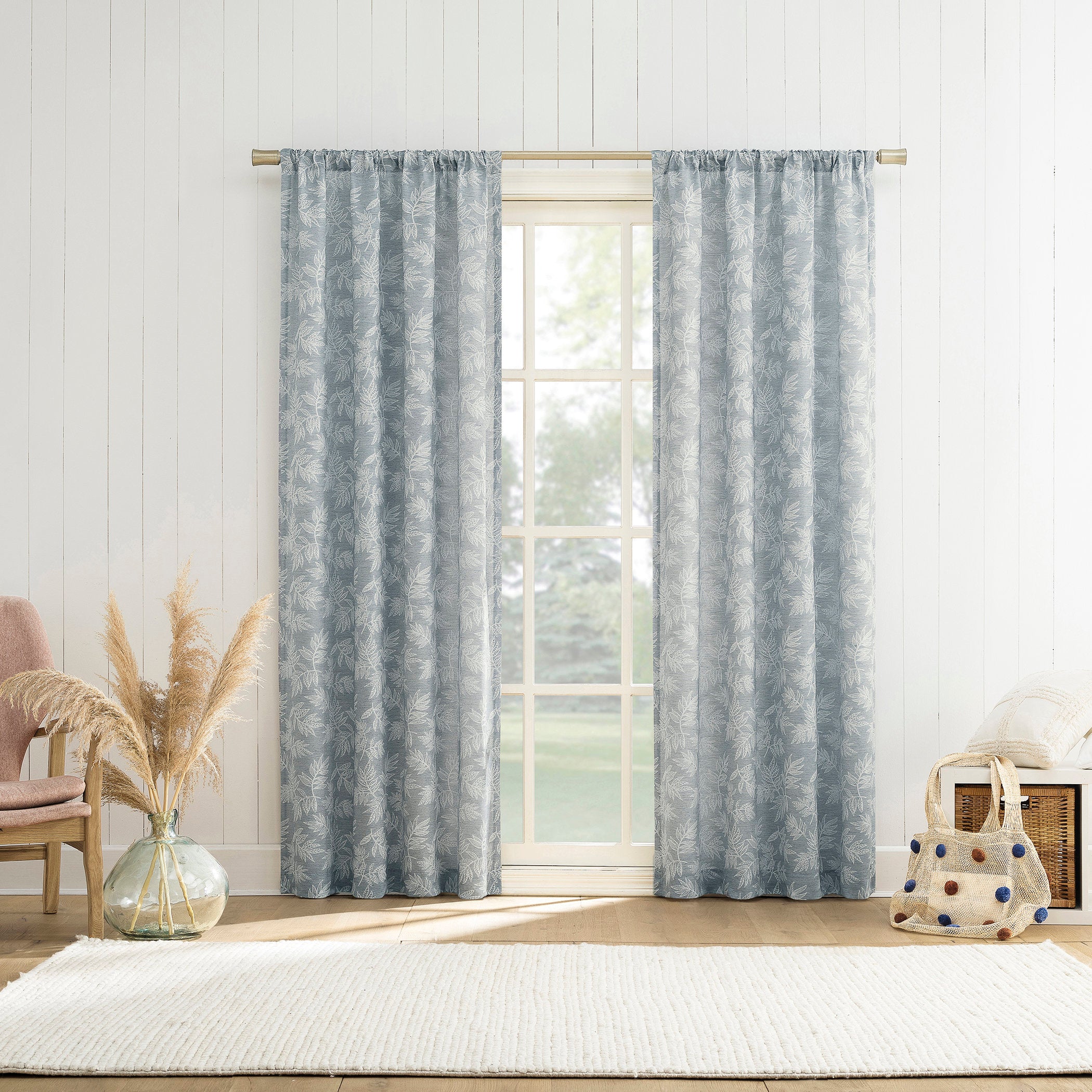 Semi-Sheer Jacquard Leaf Curtain Panel - Rod Pocket Window Treatment