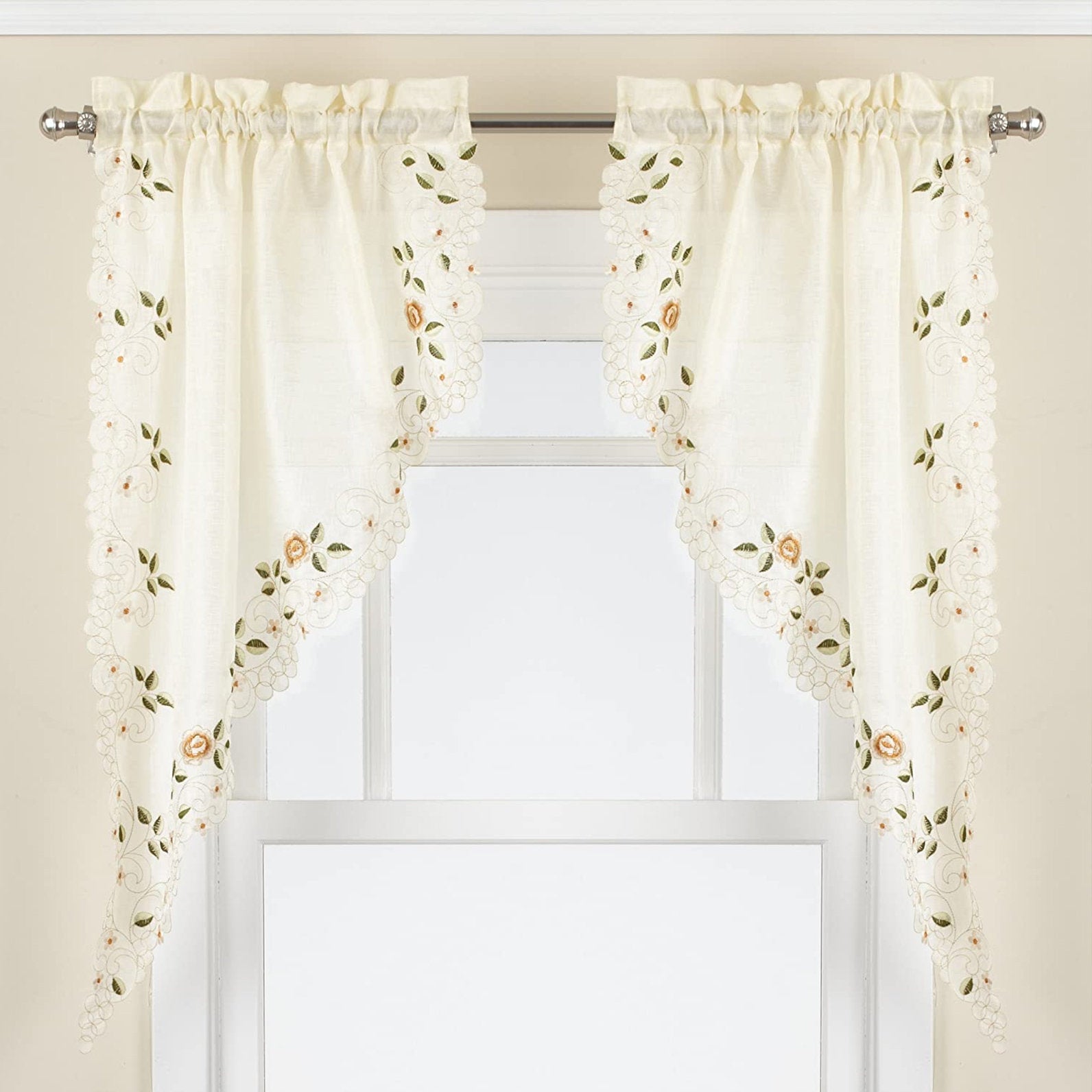 Embroidered Semi-Sheer Swag Kitchen Curtain Set - Linen Look (2 Pcs)