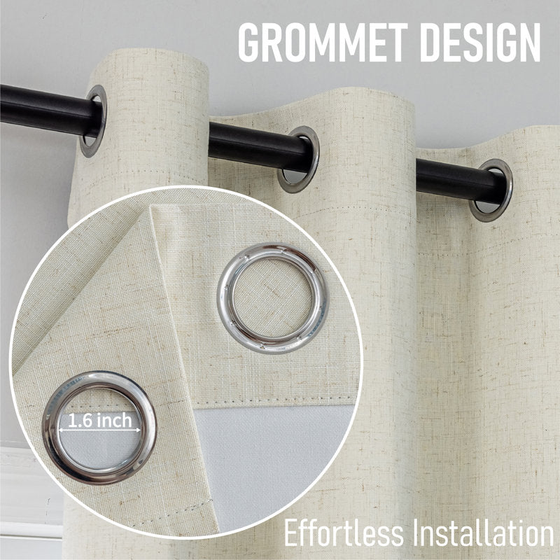 100% Blackout Linen Curtains - Textured Thermal Grommet Panels (Set of 2)