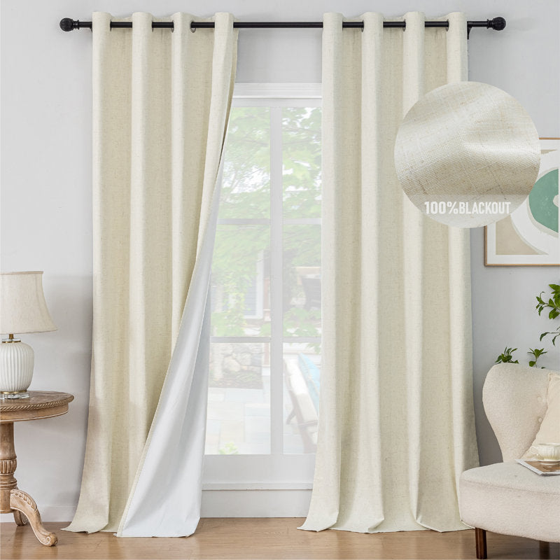 100% Blackout Linen Curtains - Textured Thermal Grommet Panels (Set of 2)
