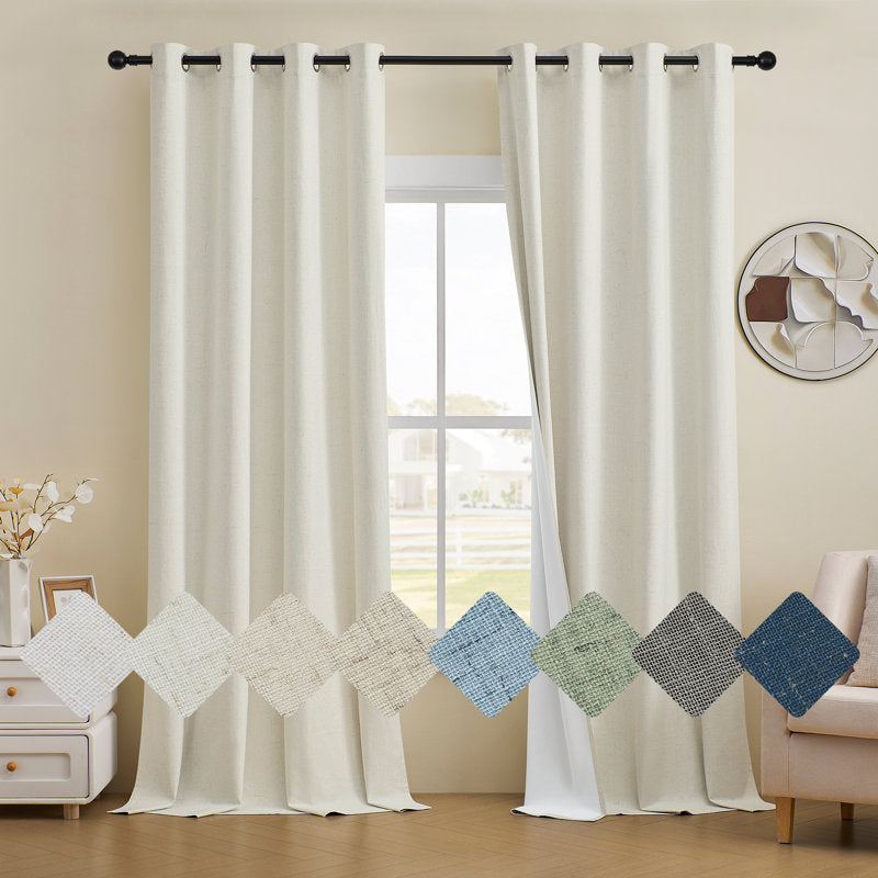 100% Blackout Linen Curtains - Textured Thermal Grommet Panels (Set of 2)