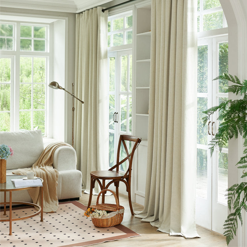 100% Blackout Linen Curtains - Textured Thermal Grommet Panels (Set of 2)