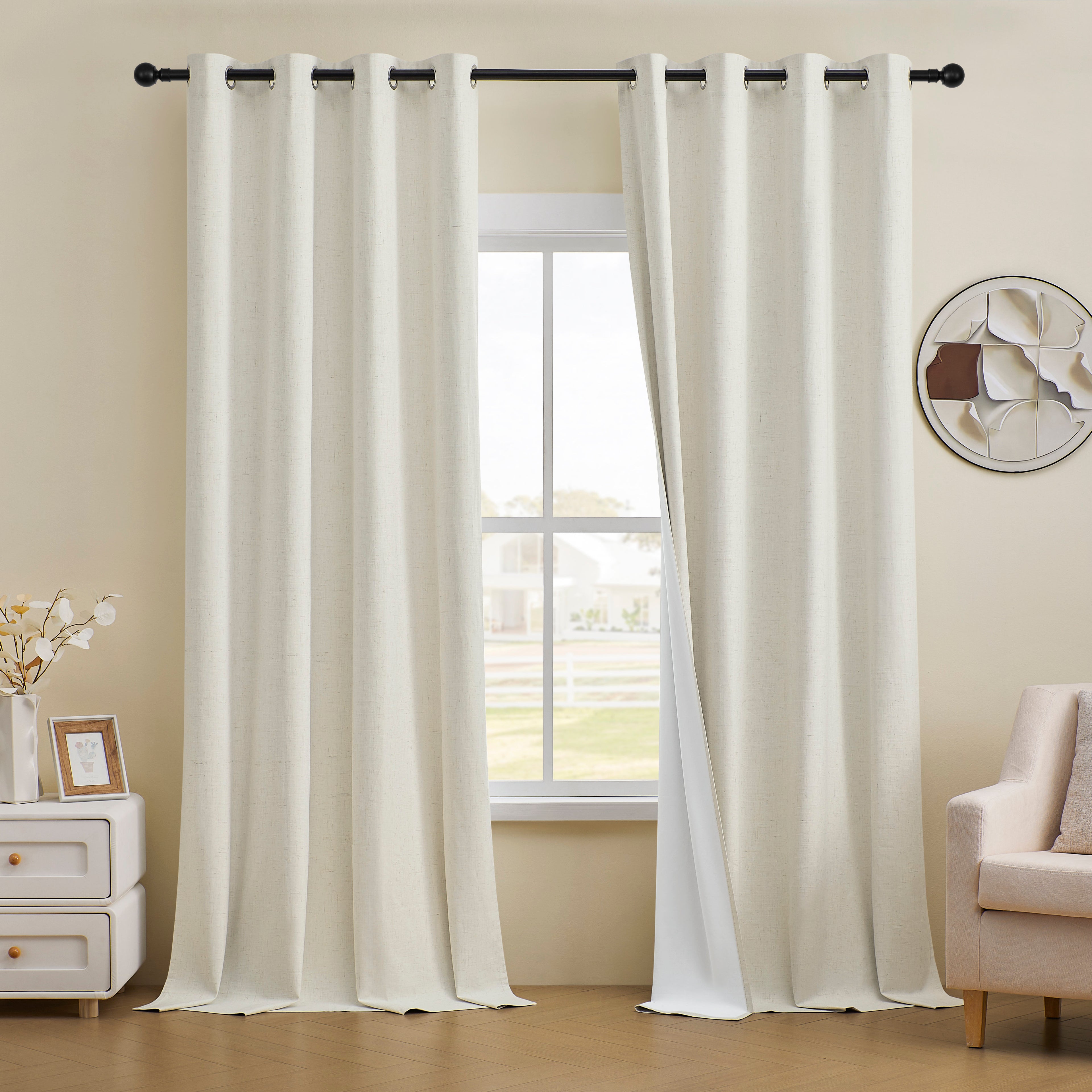 100% Blackout Linen Curtains - Textured Thermal Grommet Panels (Set of 2)