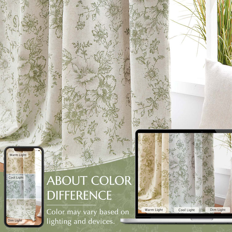 Peony Floral Blackout Curtains - Linen Blend Farmhouse Window Set