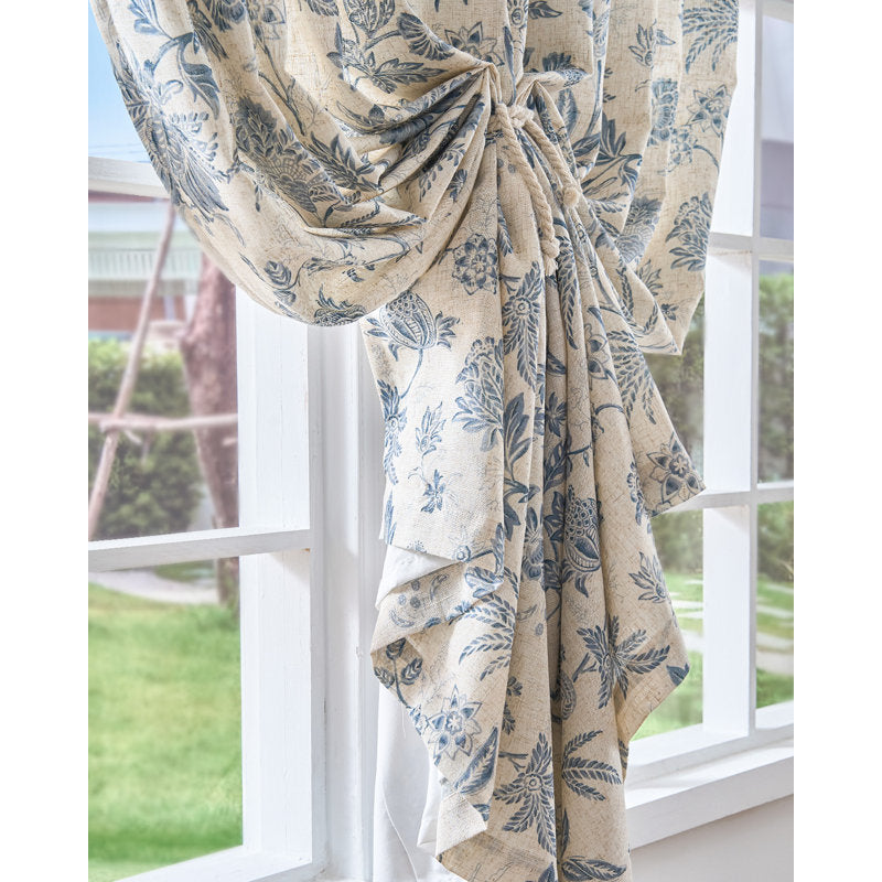 French Country Floral Linen Blend Semi-Sheer Curtains - Set of 2