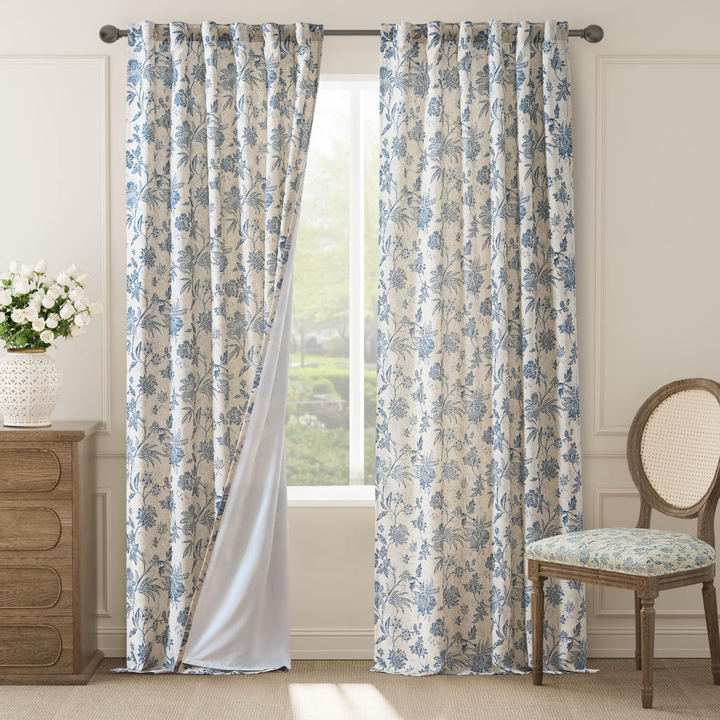 French Country Floral Linen Blend Semi-Sheer Curtains - Set of 2
