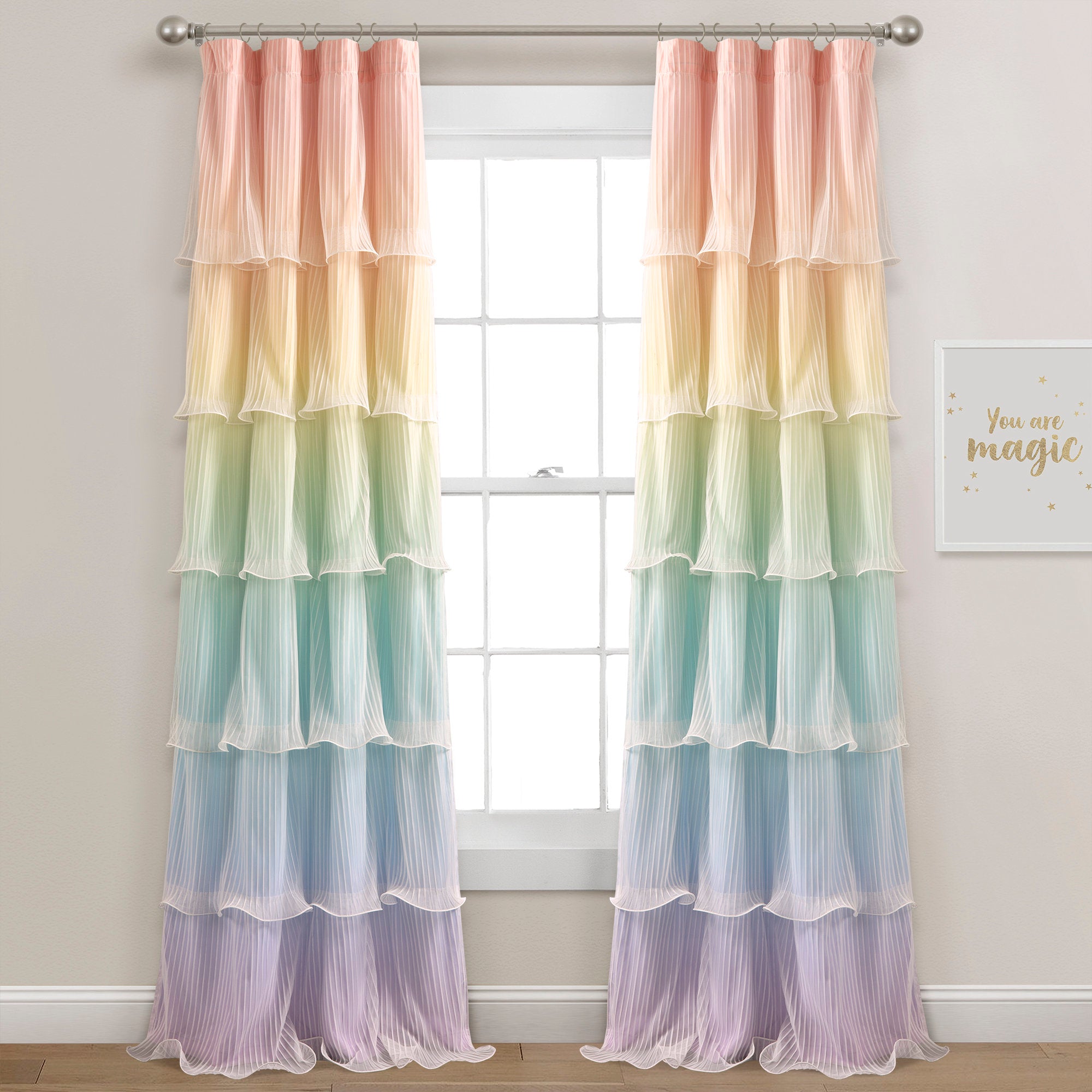 Rainbow Ombre Ruffled Room Darkening Curtains for Kids Bedroom (Set of 2)