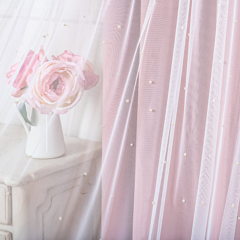 Pearl Beaded Tulle Overlay Room Darkening Curtains - Set of 2