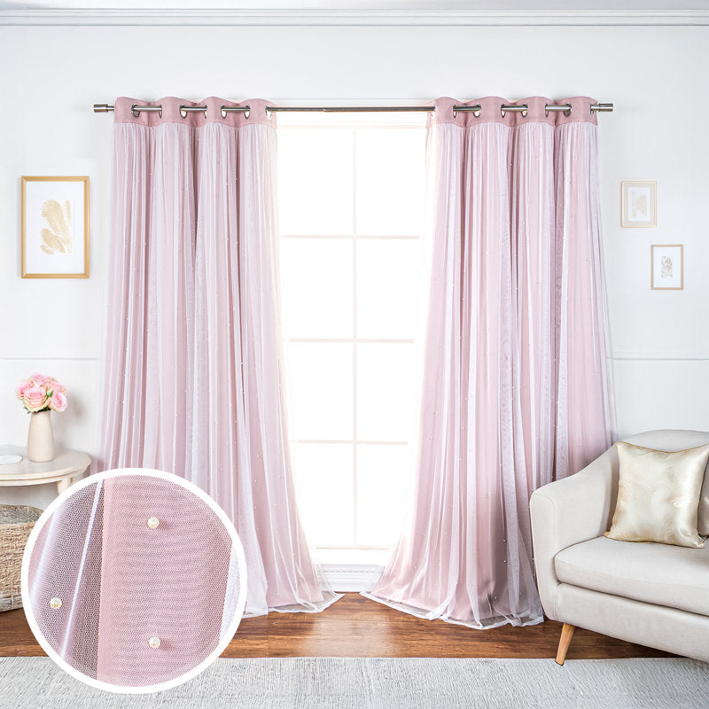 Pearl Beaded Tulle Overlay Room Darkening Curtains - Set of 2