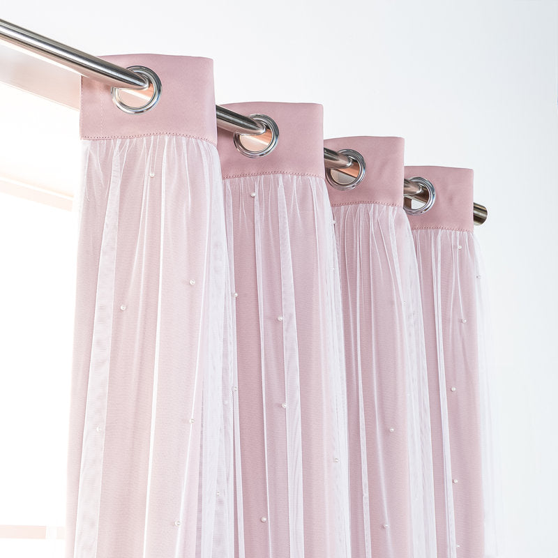 Pearl Beaded Tulle Overlay Room Darkening Curtains - Set of 2