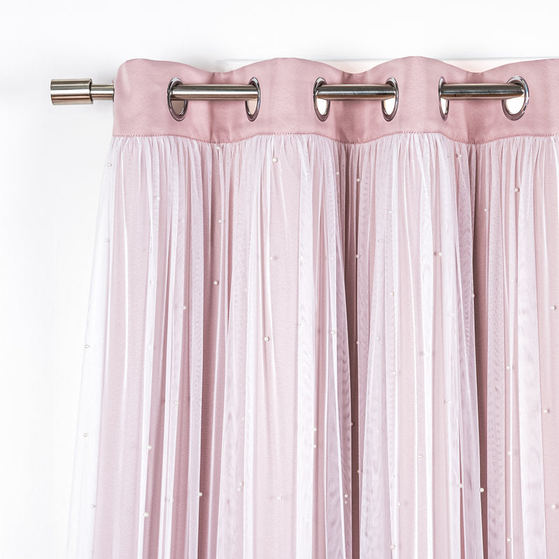 Pearl Beaded Tulle Overlay Room Darkening Curtains - Set of 2