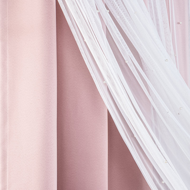 Pearl Beaded Tulle Overlay Room Darkening Curtains - Set of 2