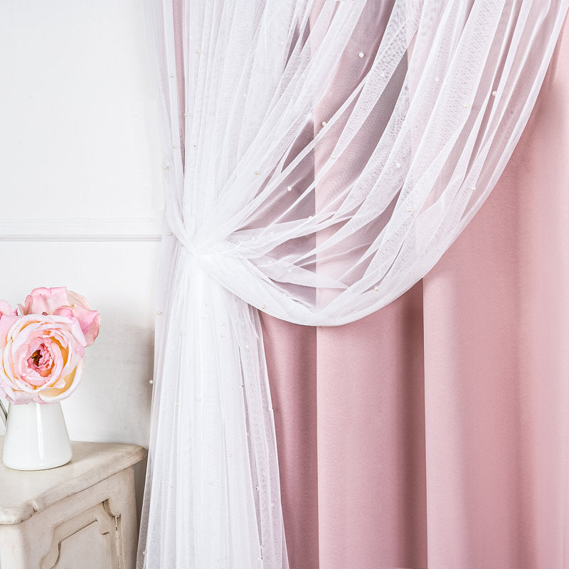 Pearl Beaded Tulle Overlay Room Darkening Curtains - Set of 2