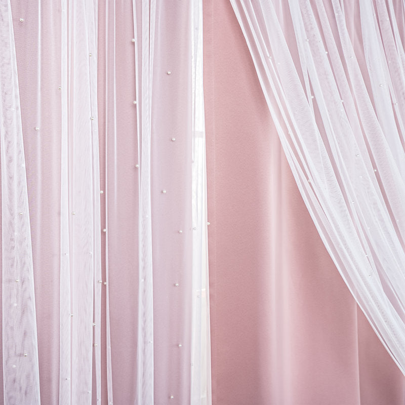 Pearl Beaded Tulle Overlay Room Darkening Curtains - Set of 2