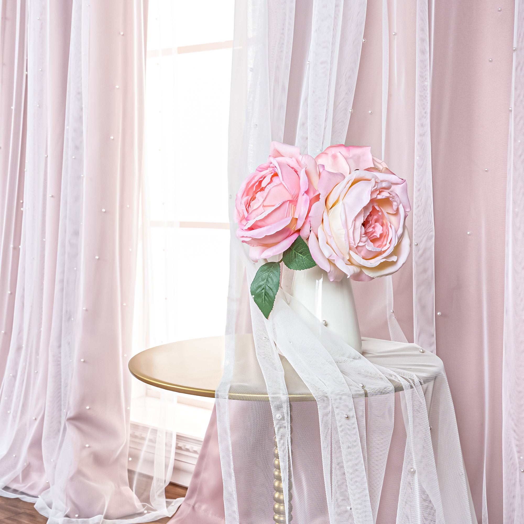 Pearl Beaded Tulle Overlay Room Darkening Curtains - Set of 2