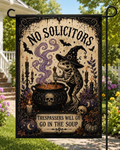 No Solicitors Garden Flag Funny Halloween Cat Yard Banner Spooky Cauldron Gift