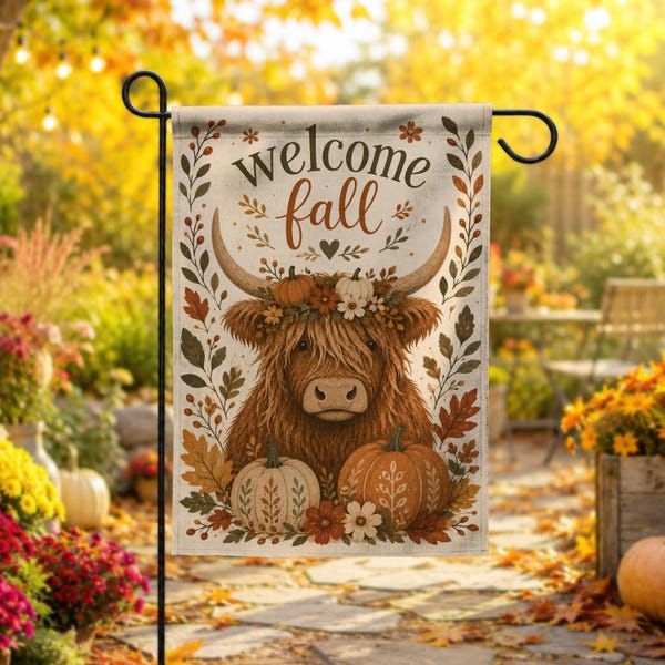 Welcome Fall Highland Cow Garden Flag Cute Autumn Cattle Yard Banner Western Harvest Outdoor